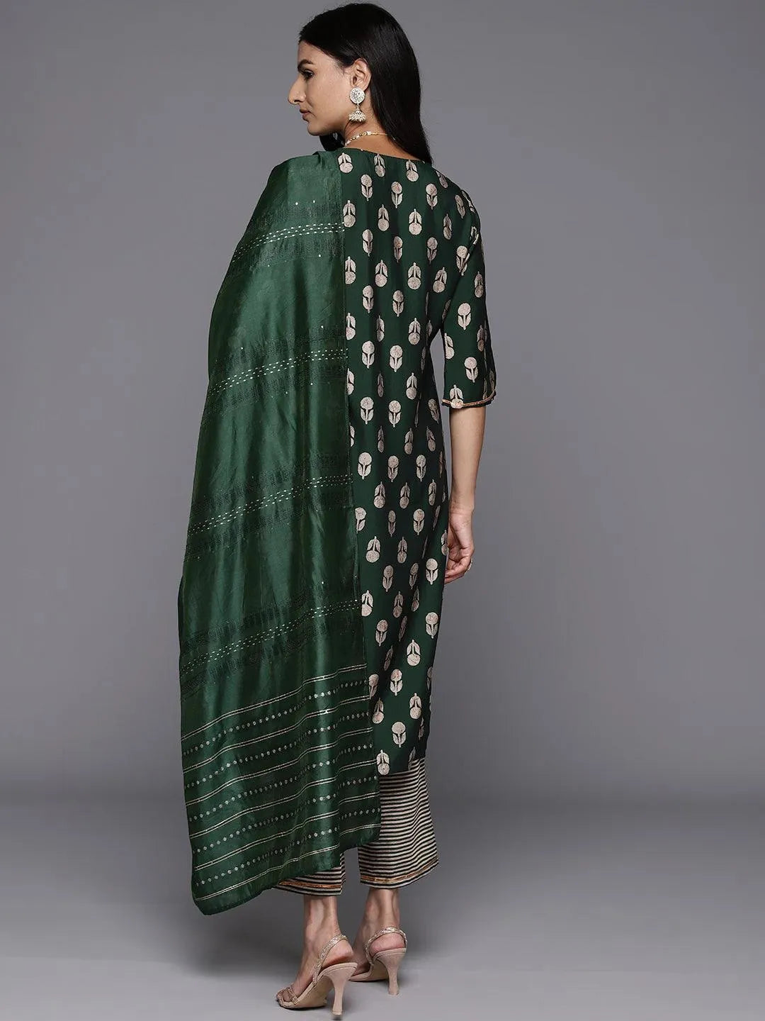 Green Printed Silk Blend Straight Kurta With Trousers & Dupatta - Libas