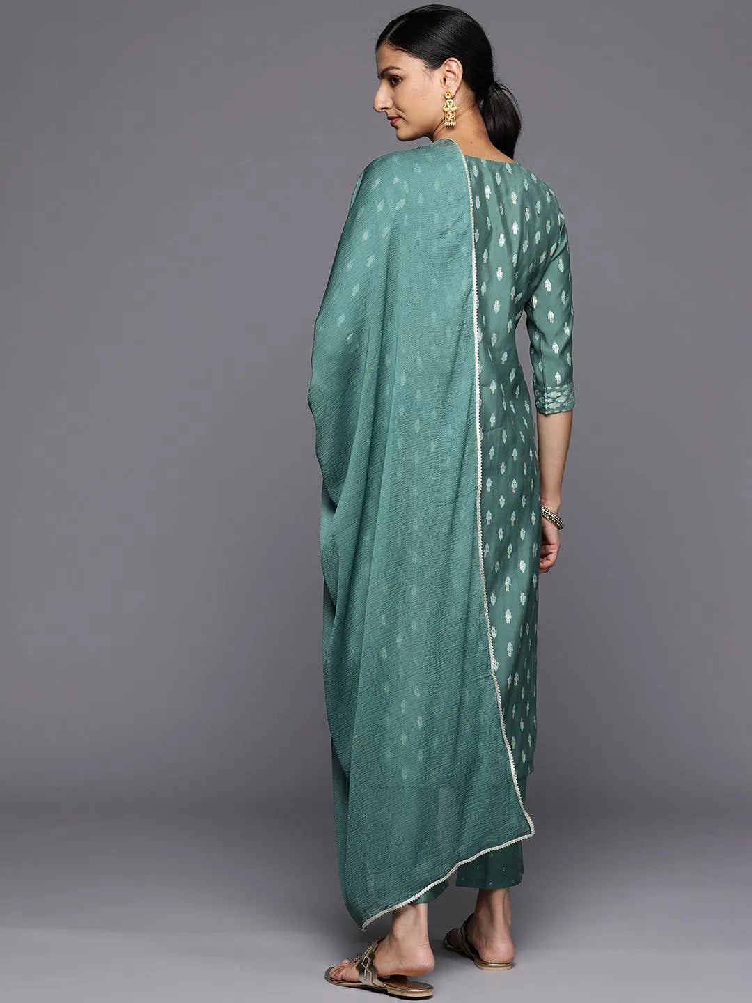 Green Printed Silk Blend Straight Kurta With Trousers & Dupatta - Libas 