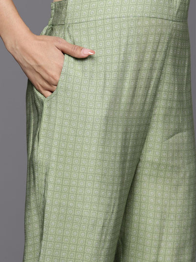 Green Printed Silk Blend Straight Suit Set With Trousers - Libas