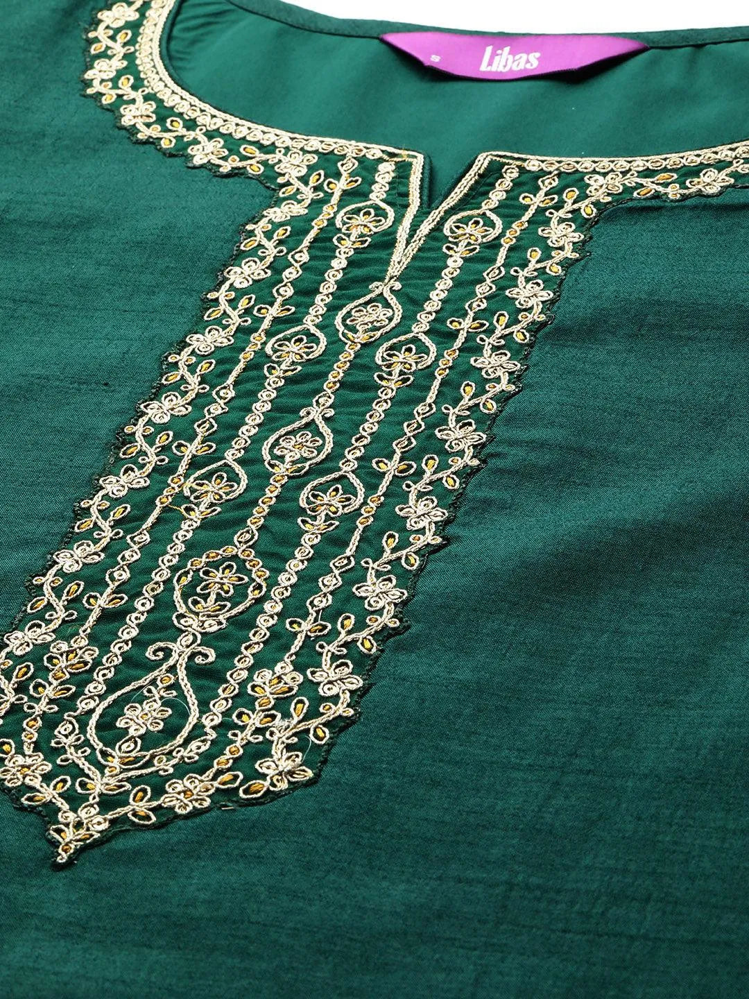 Green Printed Silk Blend Straight Kurta With Trousers & Dupatta - Libas 