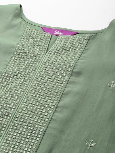 Green Printed Silk Blend Straight Kurta With Trousers & Dupatta - Libas