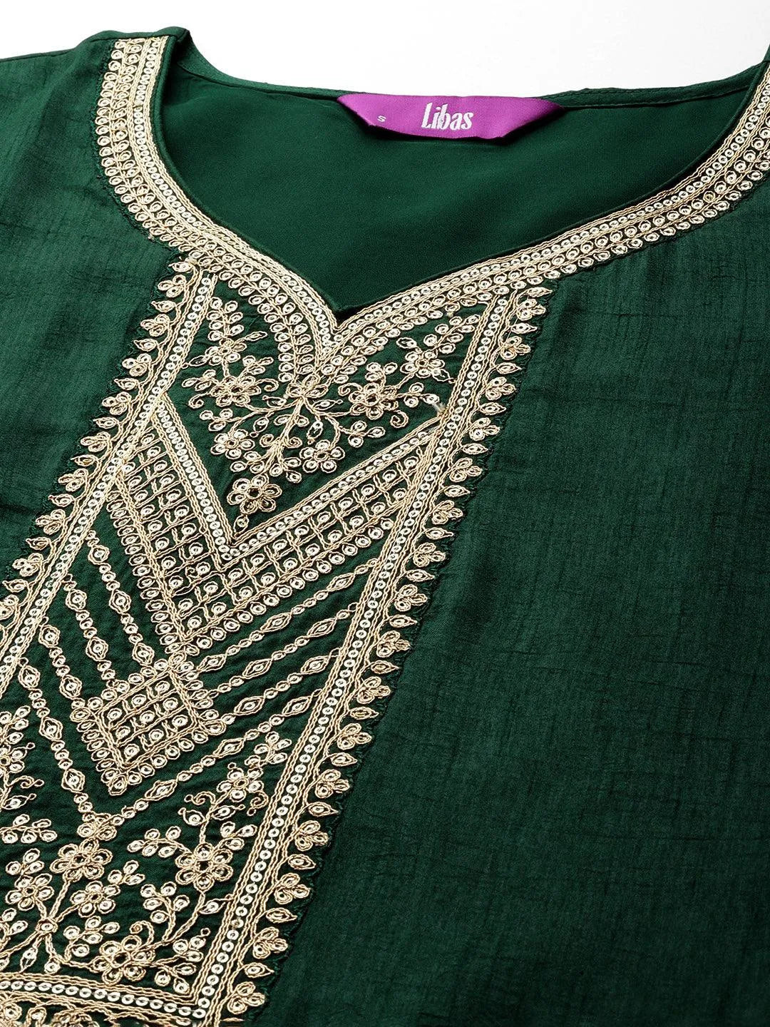Green Printed Silk Blend Straight Kurta With Trousers & Dupatta - Libas 