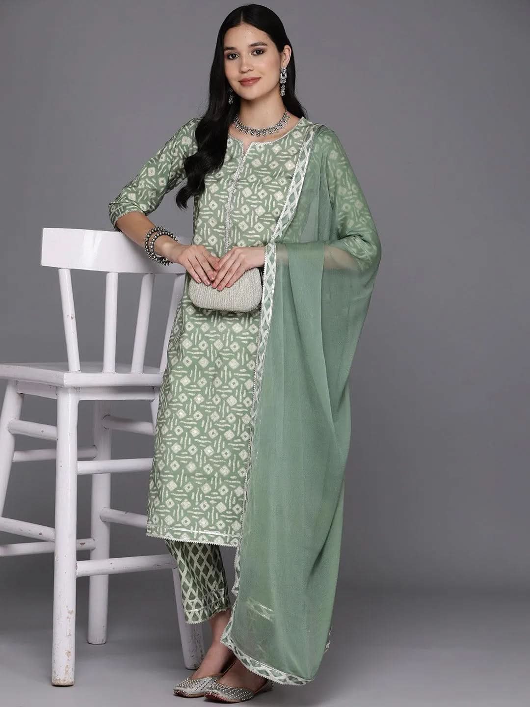 Green Printed Silk Blend Straight Suit Set With Trousers - Libas 