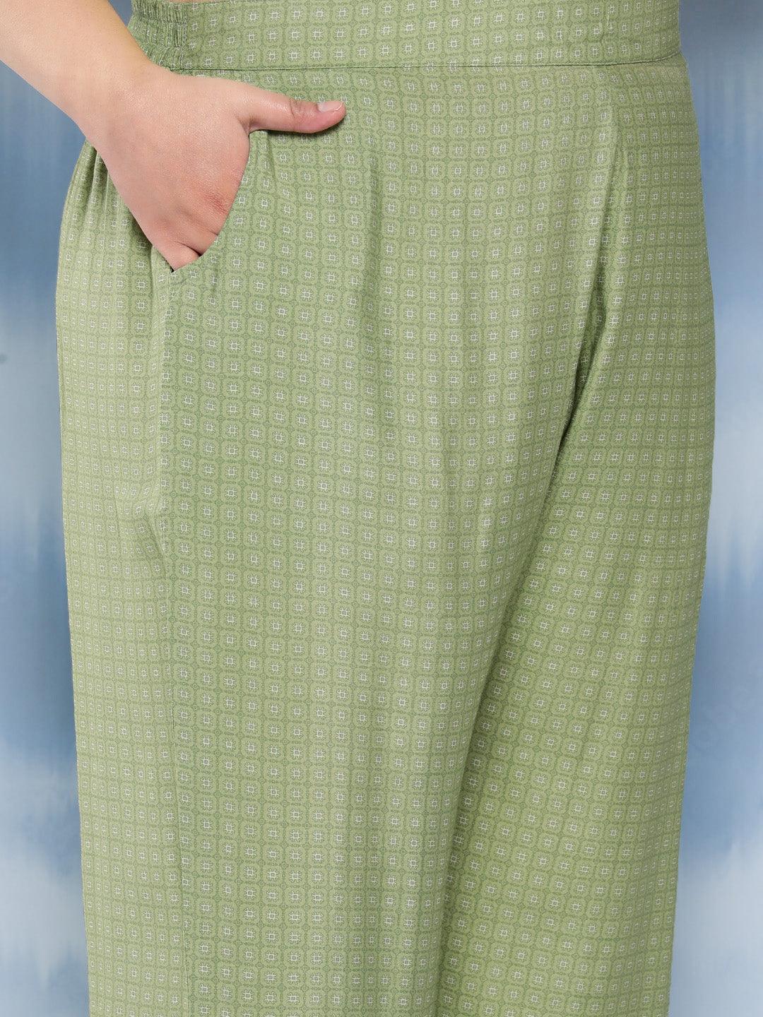 Green Printed Silk Blend Straight Kurta With Trousers and Dupatta - Libas