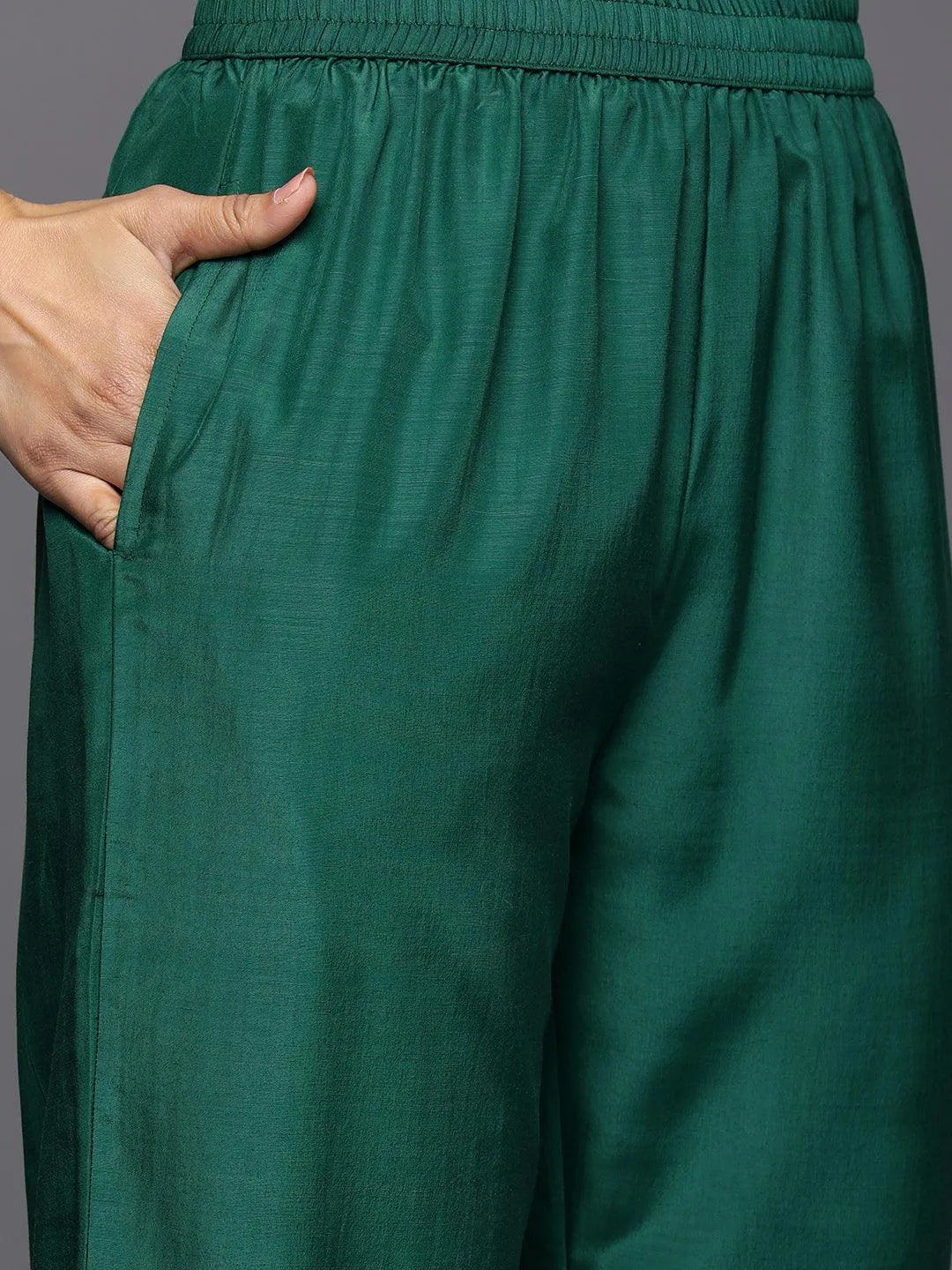 Green Printed Silk Blend Straight Kurta With Trousers & Dupatta - Libas 
