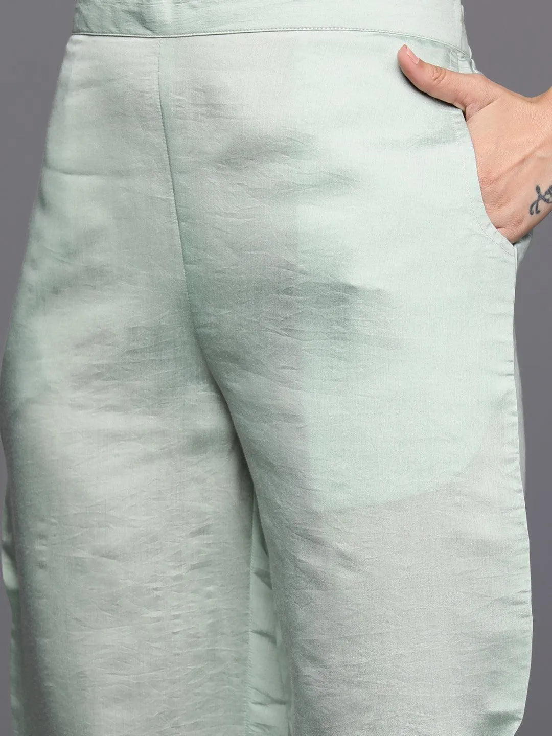 Green Printed Silk Blend Straight Kurta With Trousers & Dupatta - Libas 
