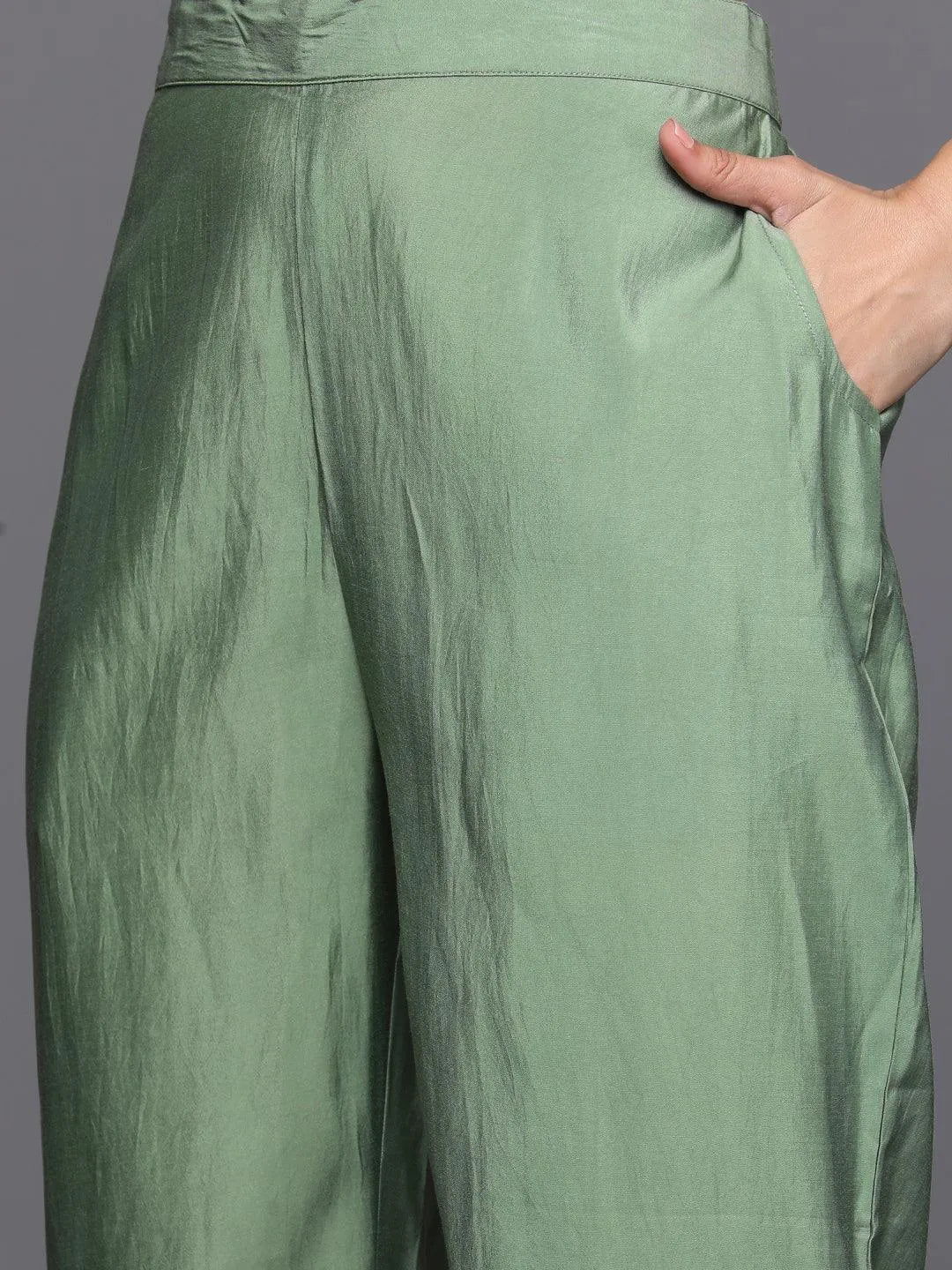 Green Printed Silk Blend Straight Kurta With Trousers & Dupatta - Libas 