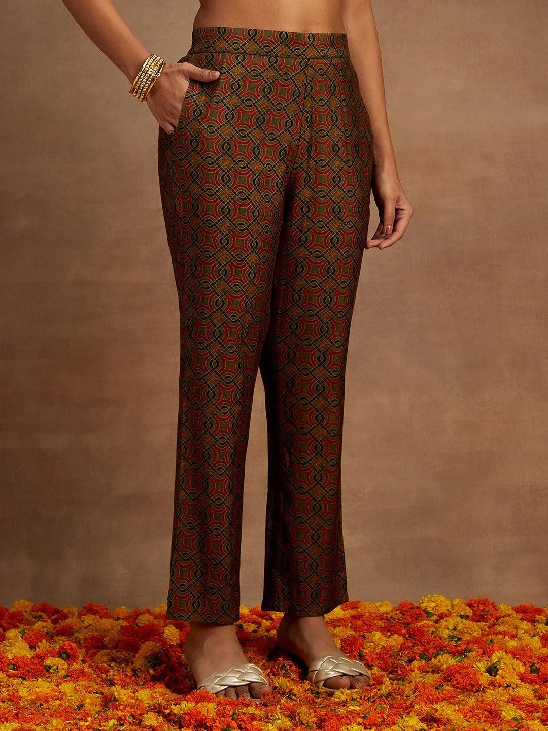 Green Printed Silk Blend Straight Kurta With Trousers & Dupatta - Libas 