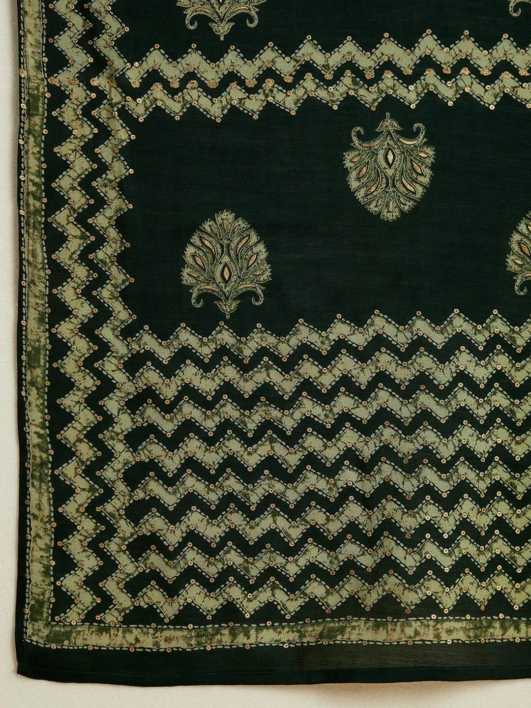 Green Printed Silk Blend Straight Kurta With Trousers & Dupatta - Libas 