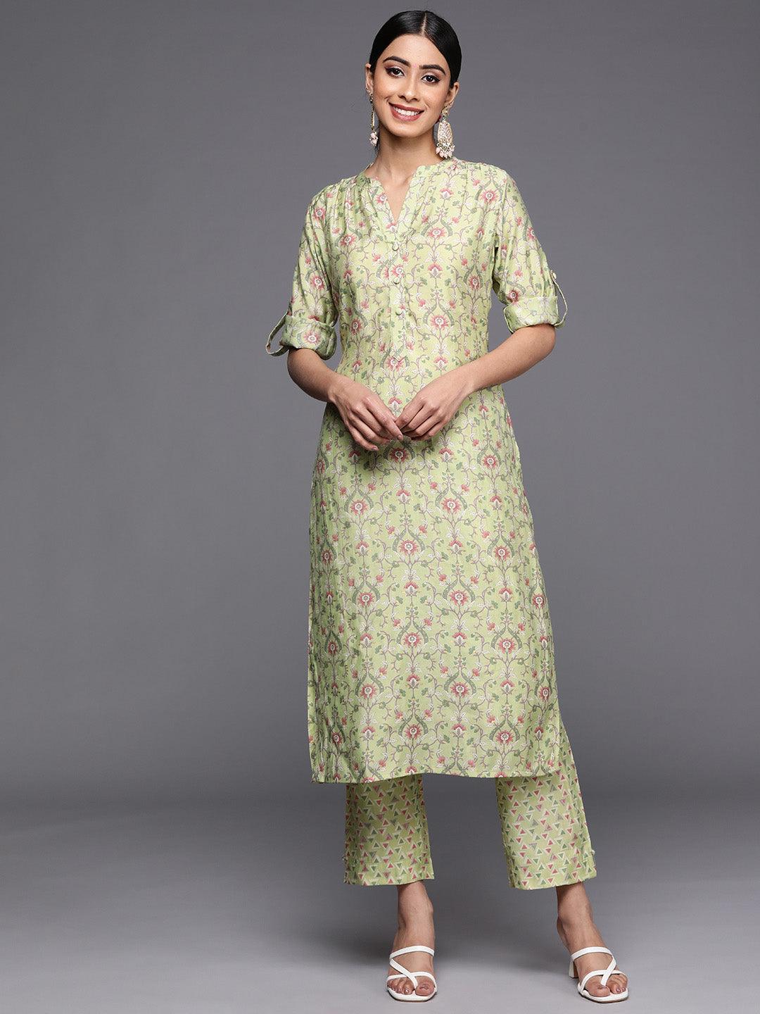 Green Printed Silk Blend Straight Kurta With Trousers
