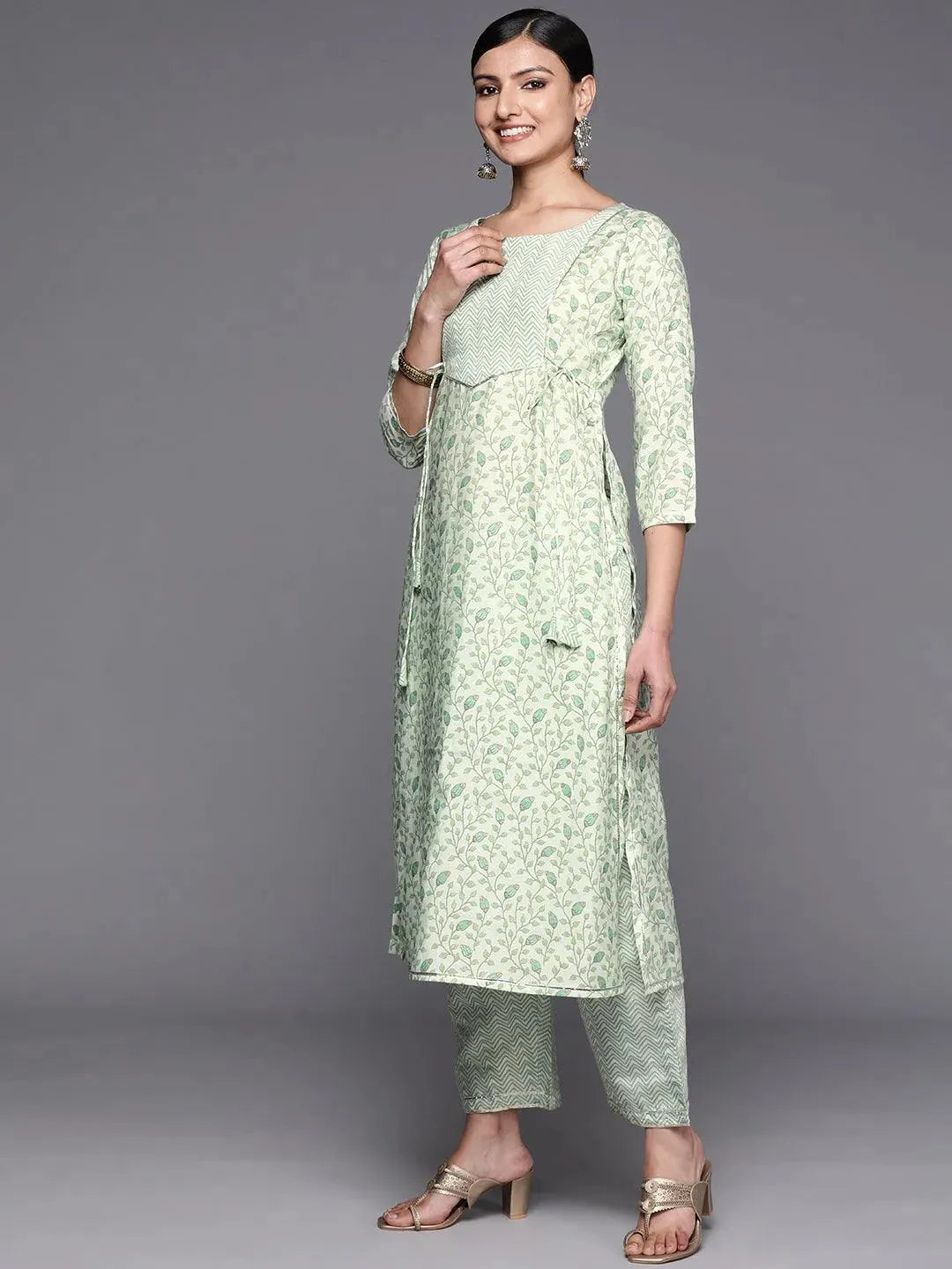 Green Printed Silk Blend Straight Kurta Set With Trousers - Libas 