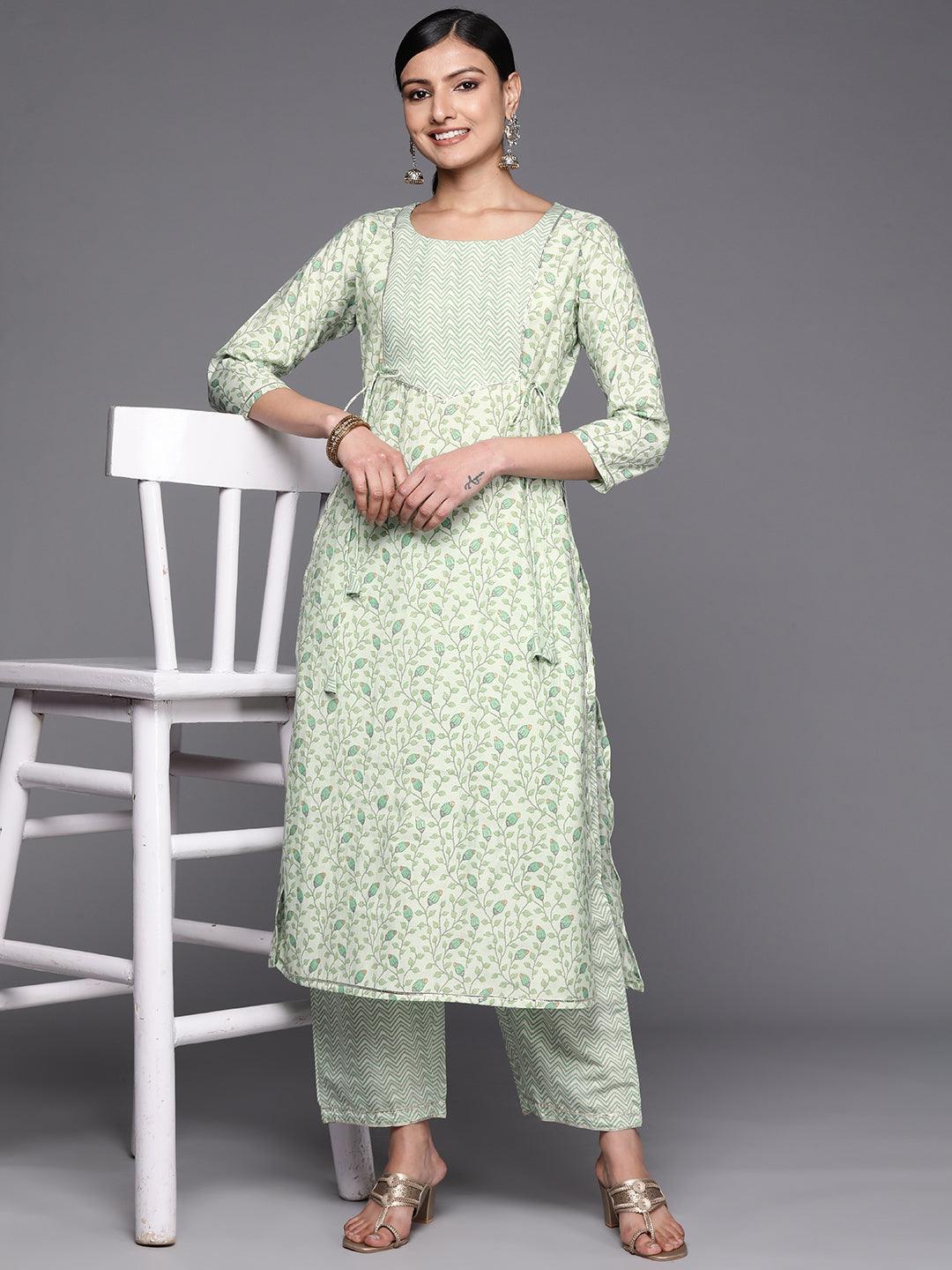 Green Printed Silk Blend Straight Kurta Set With Trousers - Libas