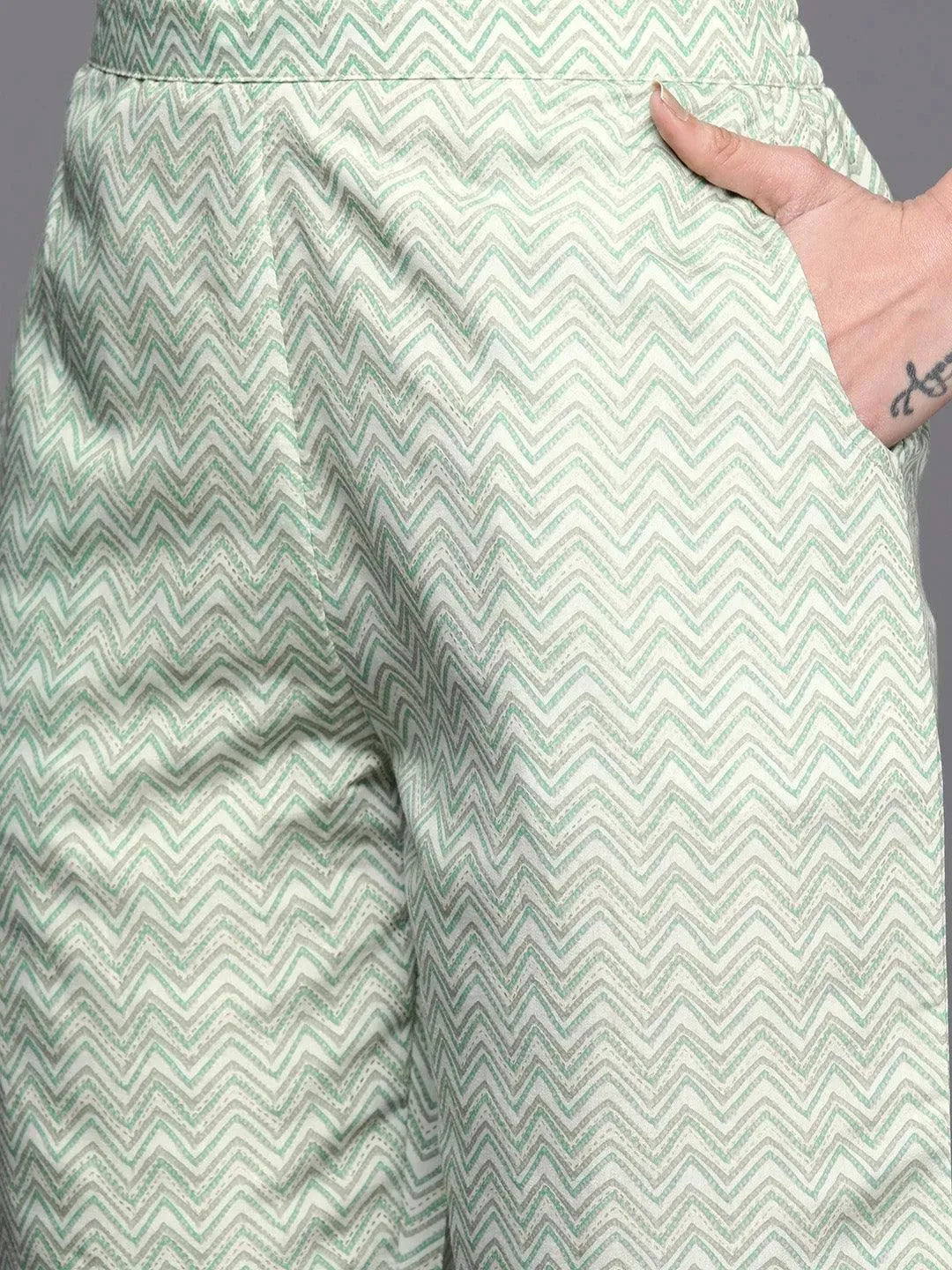 Green Printed Silk Blend Straight Kurta Set With Trousers - Libas 