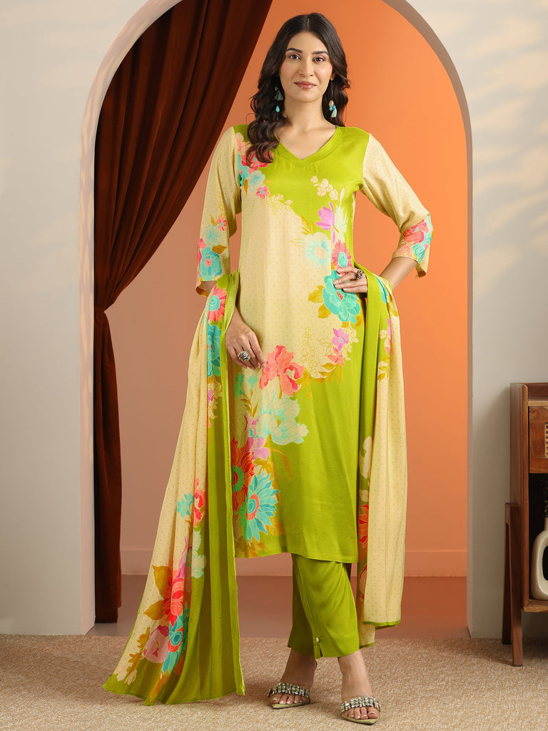 Libas Green Printed Silk Blend Straight Suit Set With Dupatta
