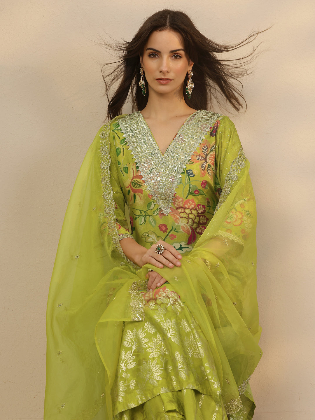 Green Printed Silk Blend Straight Suit Set With Dupatta