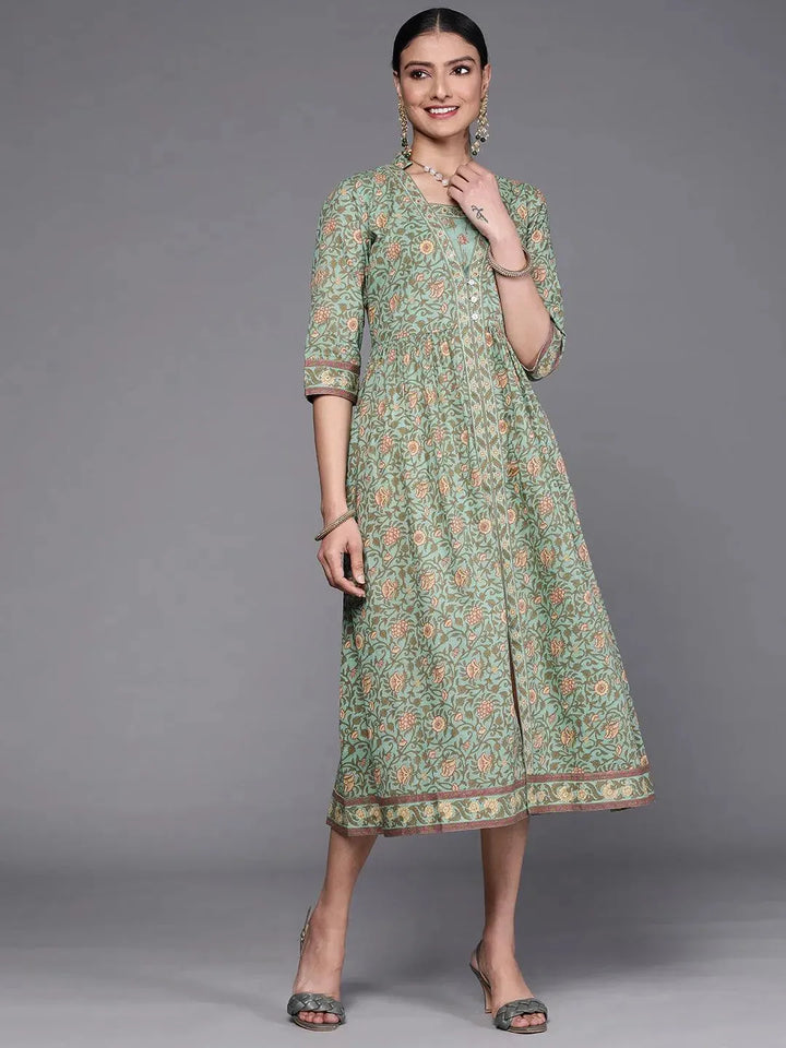 Green Printed Silk Dress - Libas