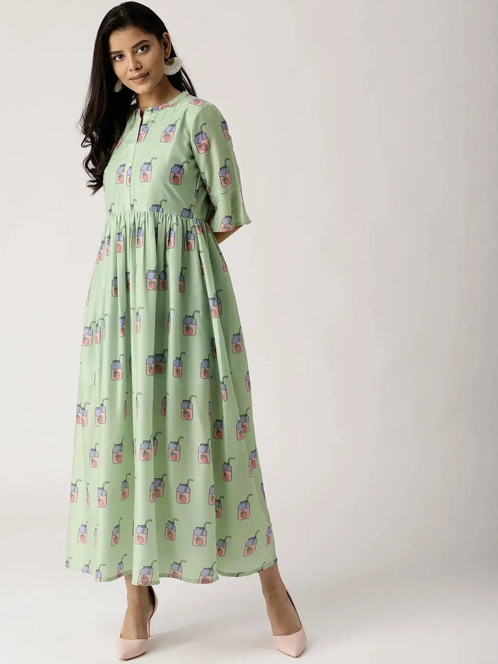 Green Printed Silk Dress - Libas