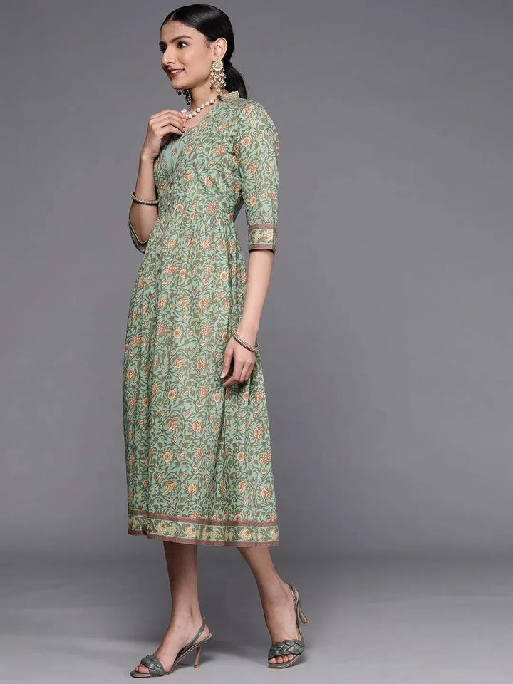 Green Printed Silk Dress - Libas