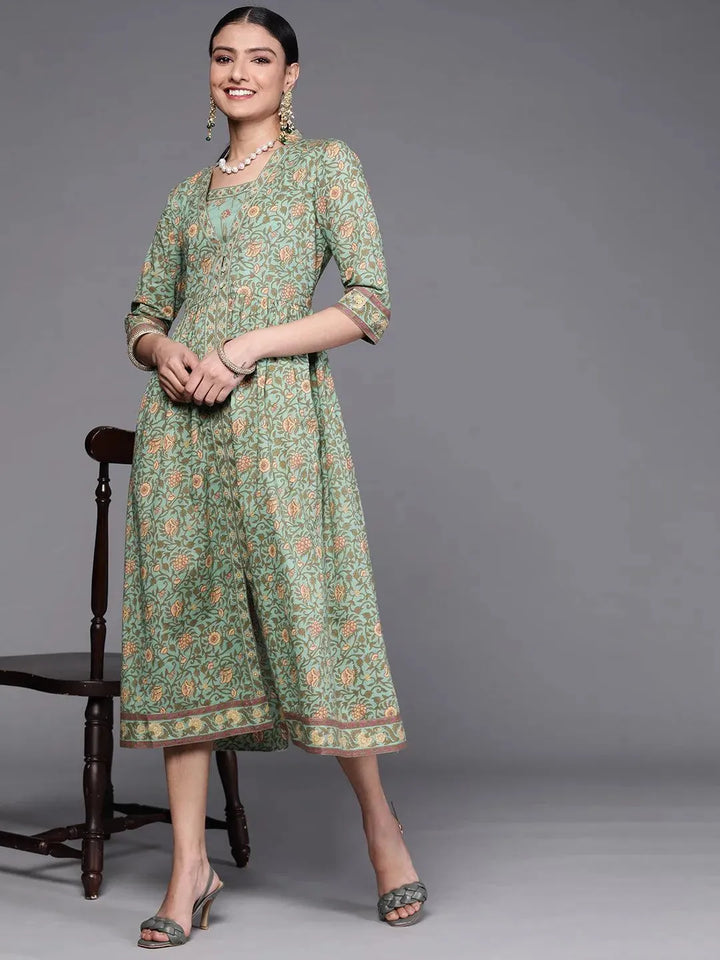 Green Printed Silk Dress - Libas