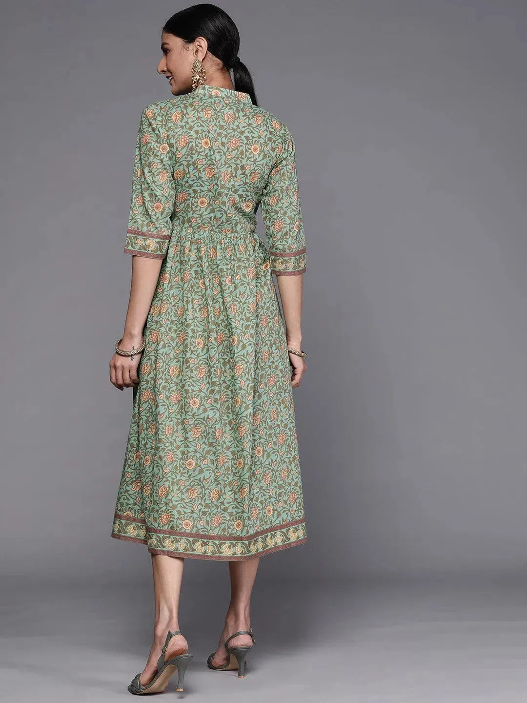 Green Printed Silk Dress - Libas 