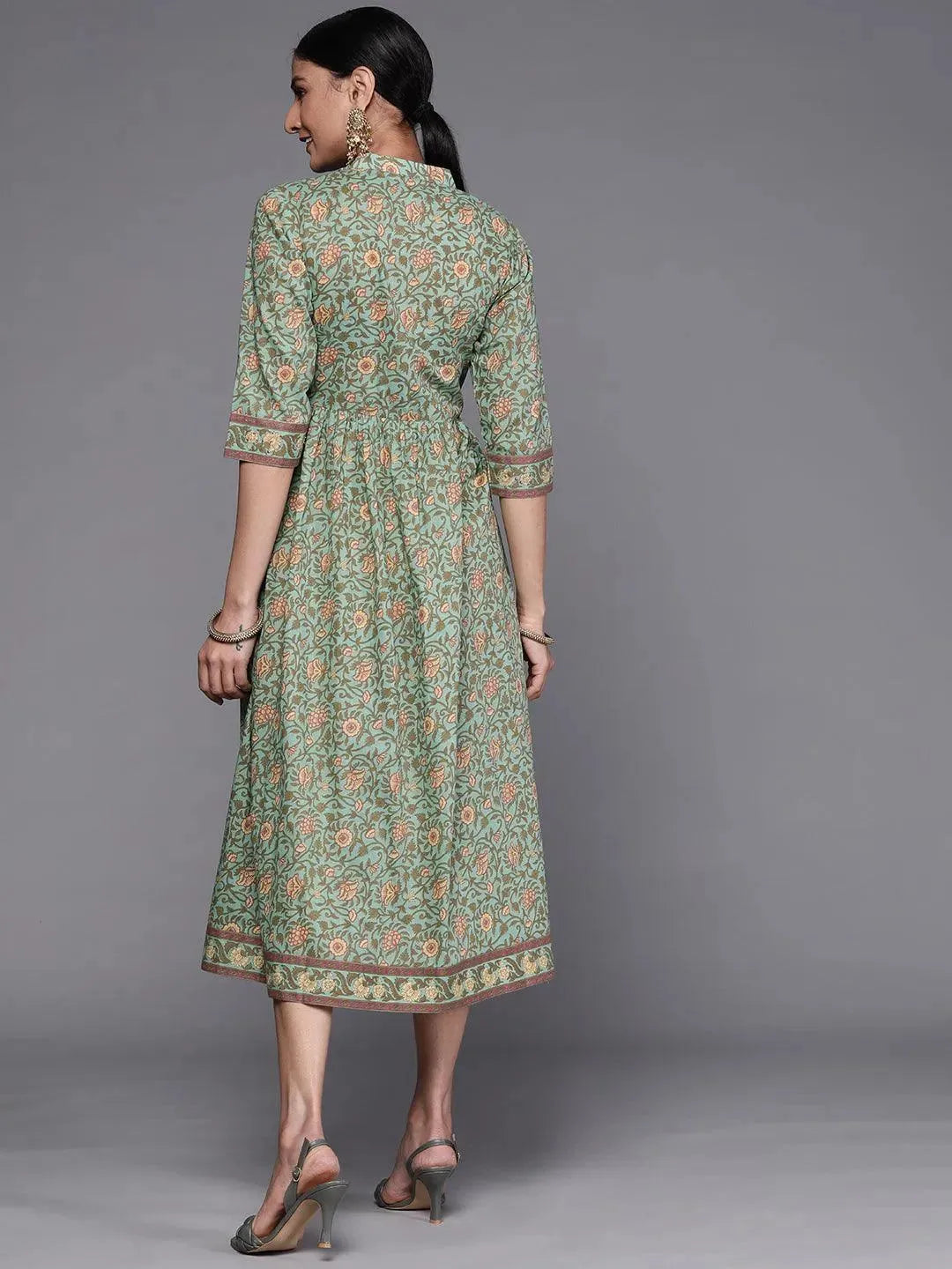 Green Printed Silk Dress - Libas