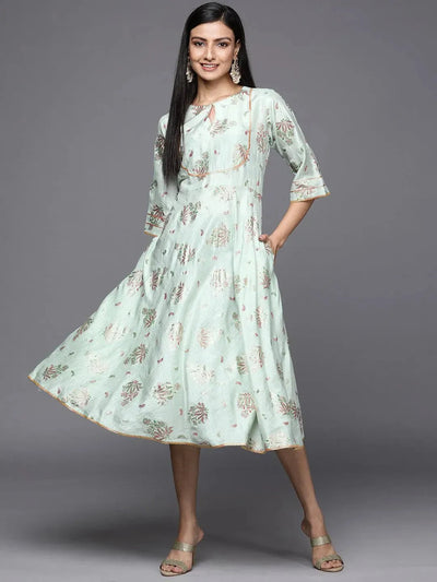 Green Printed Silk Empire Dress - Libas