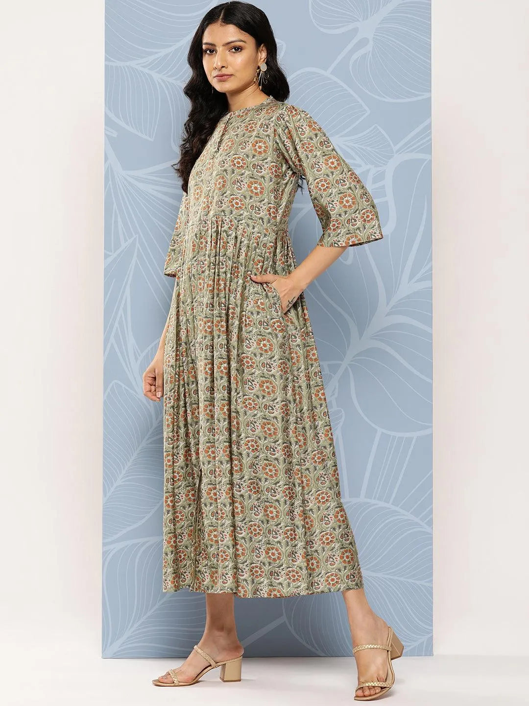 Green Printed Silk Fit and Flare Dress - Libas 