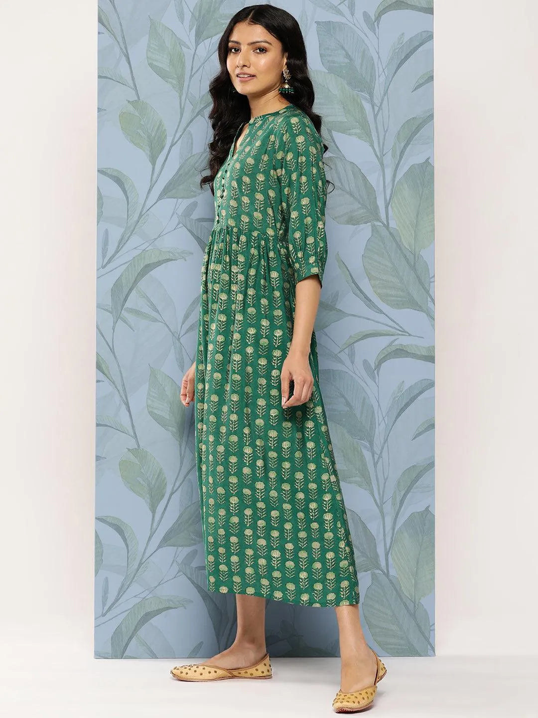 Green Printed Silk Fit and Flare Dress - Libas