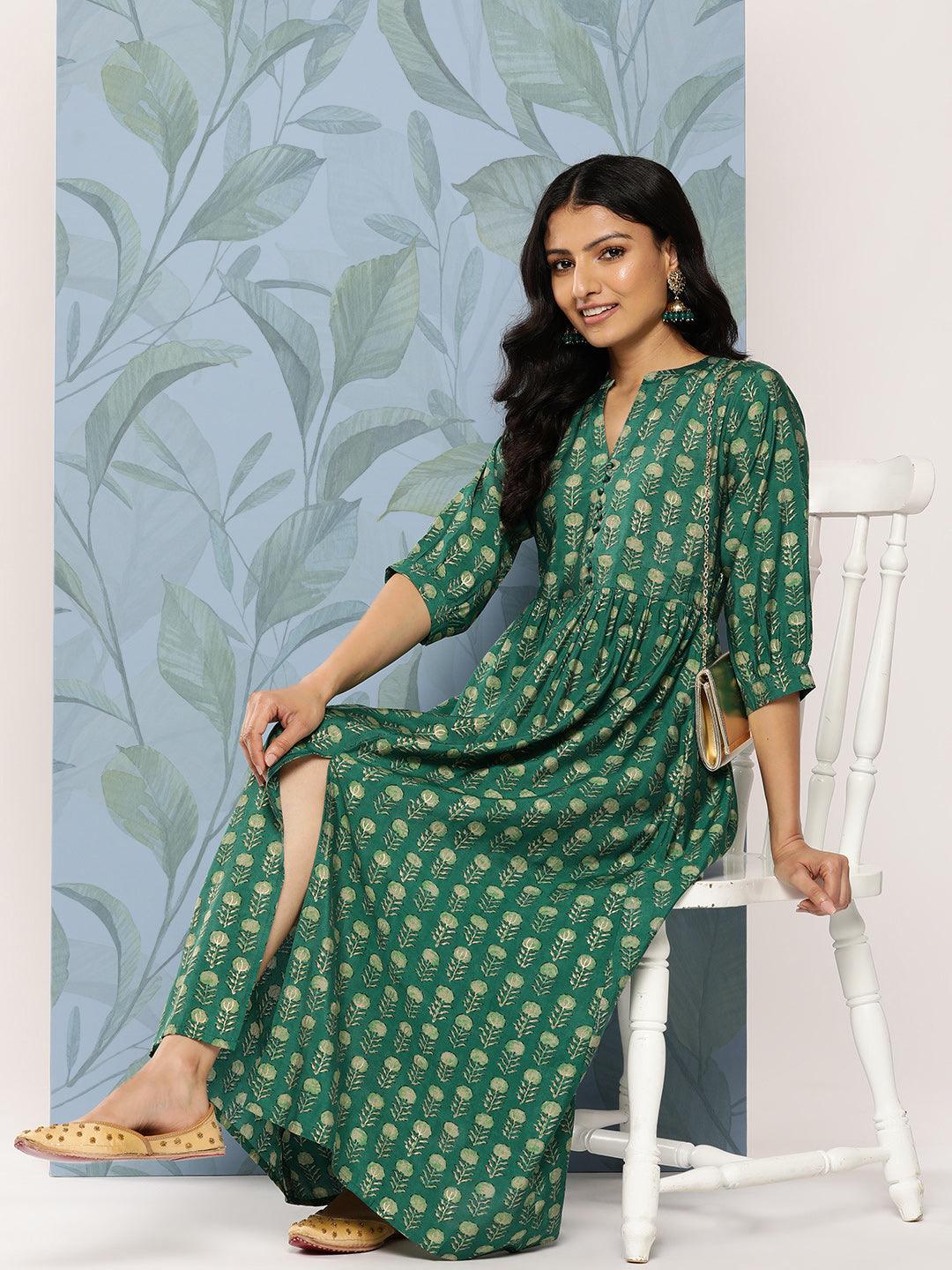 Green Printed Silk Fit and Flare Dress