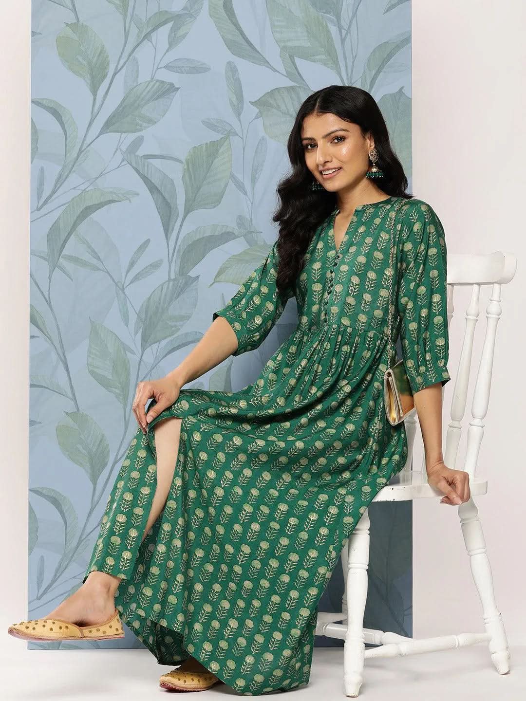

Green Printed Silk Fit and Flare Dress