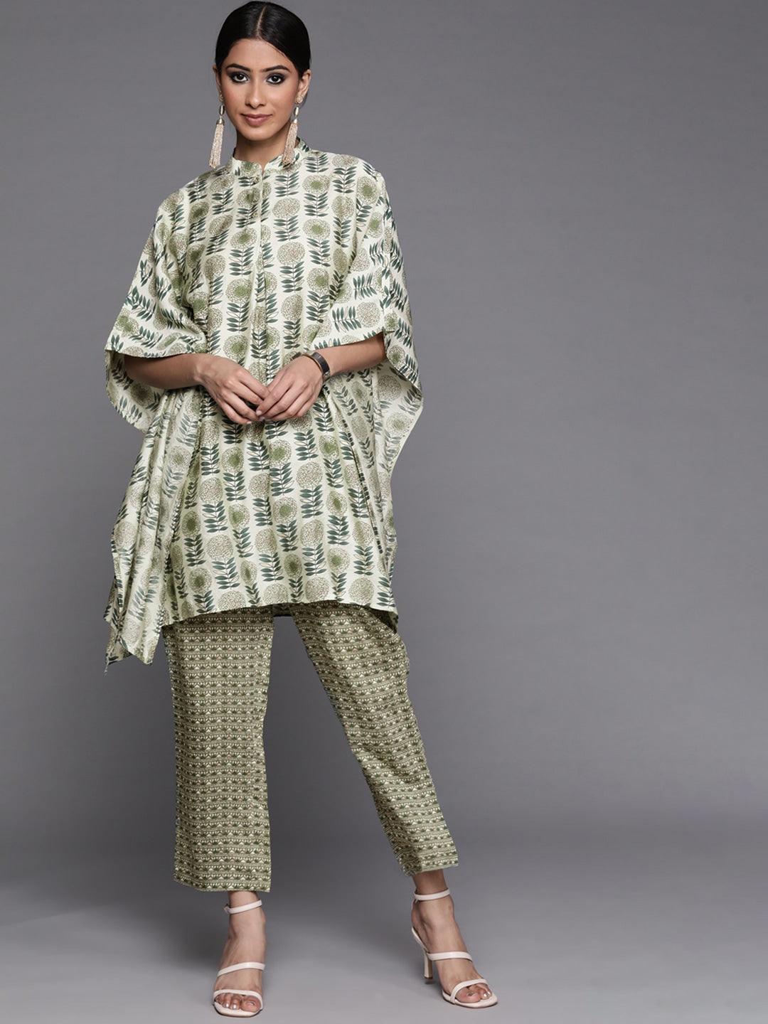 Green Printed Silk Kaftan Kaftan With Trousers