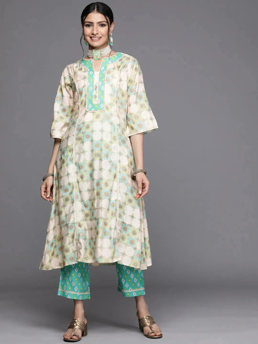 Green Printed Silk Kurta - Libas