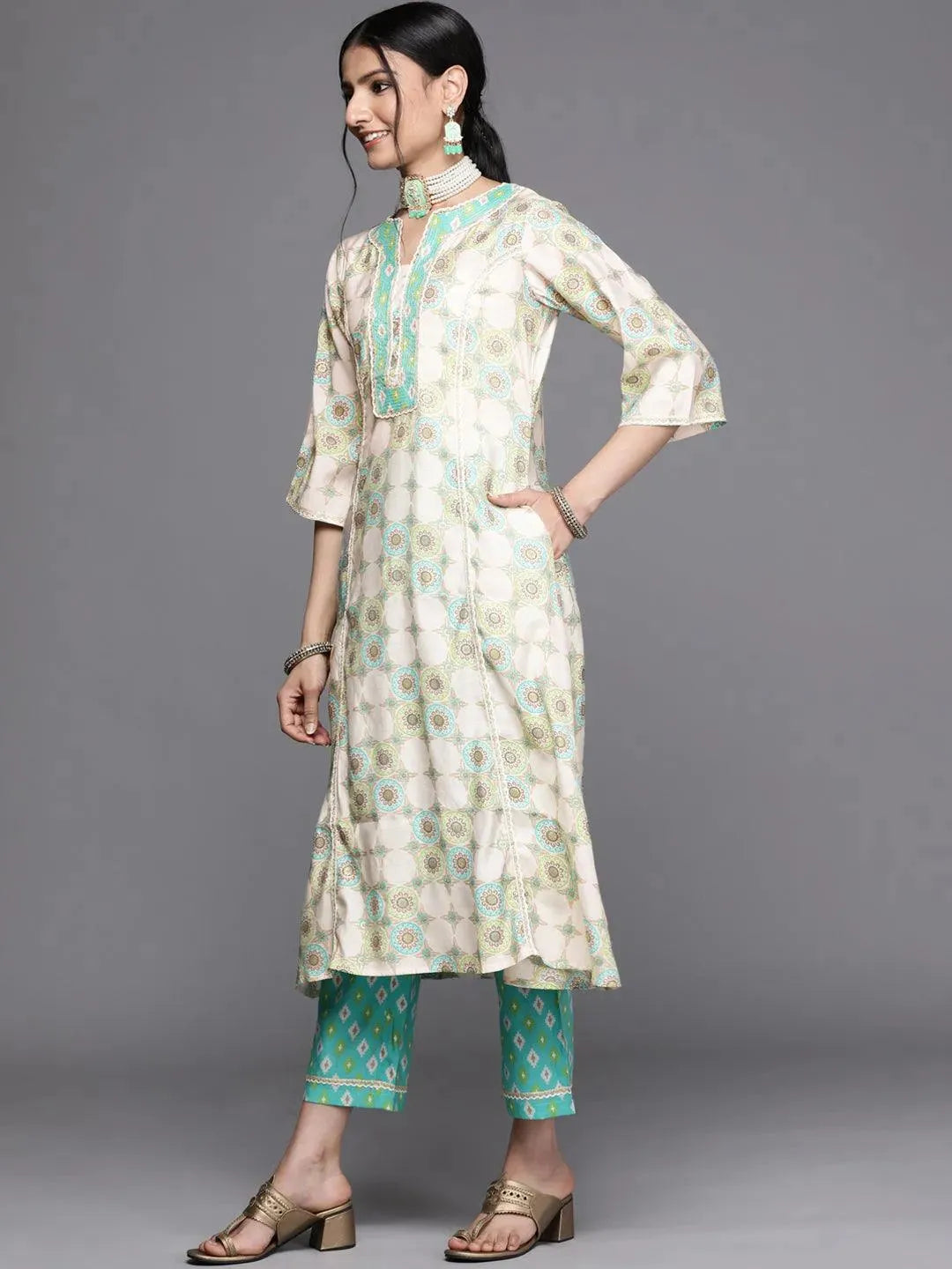 Green Printed Silk Kurta - Libas