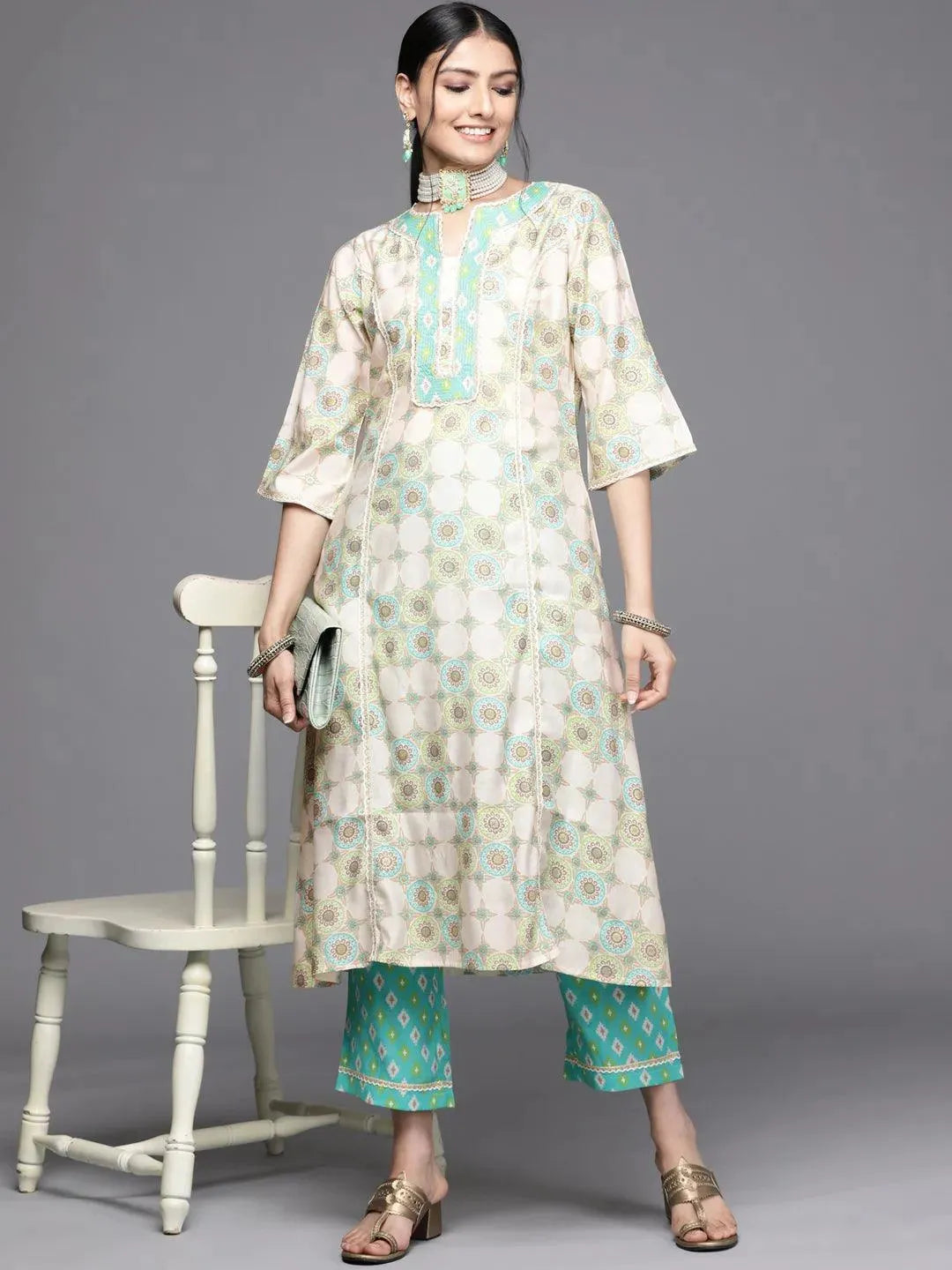 Green Printed Silk Kurta - Libas 