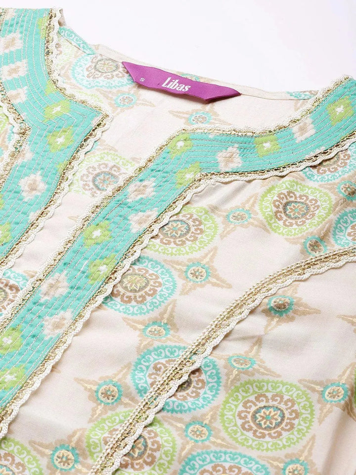 Green Printed Silk Kurta - Libas