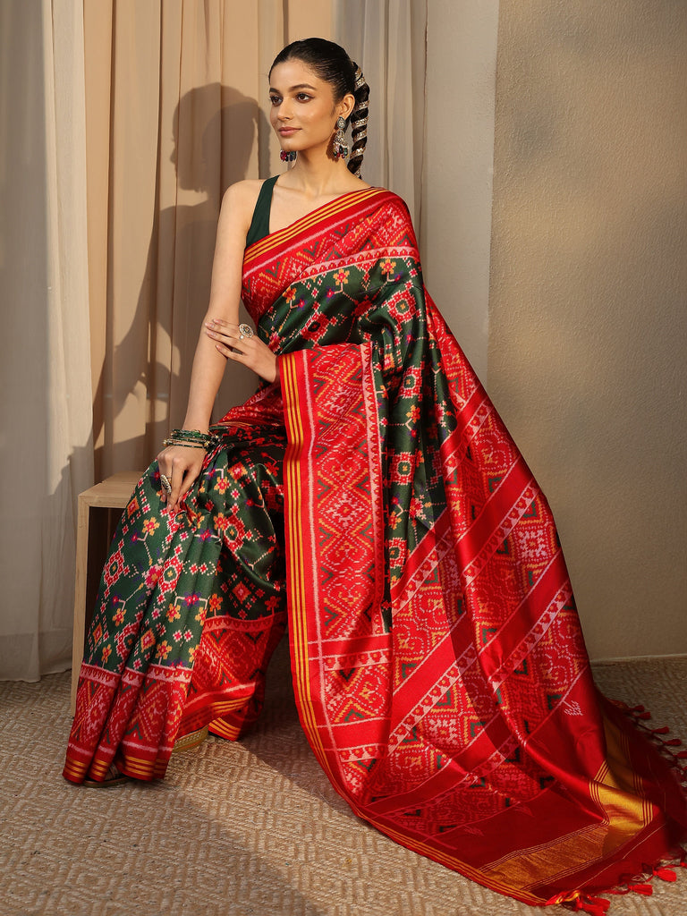 Libas Green Printed Silk Saree With Unstitched Blouse Piece