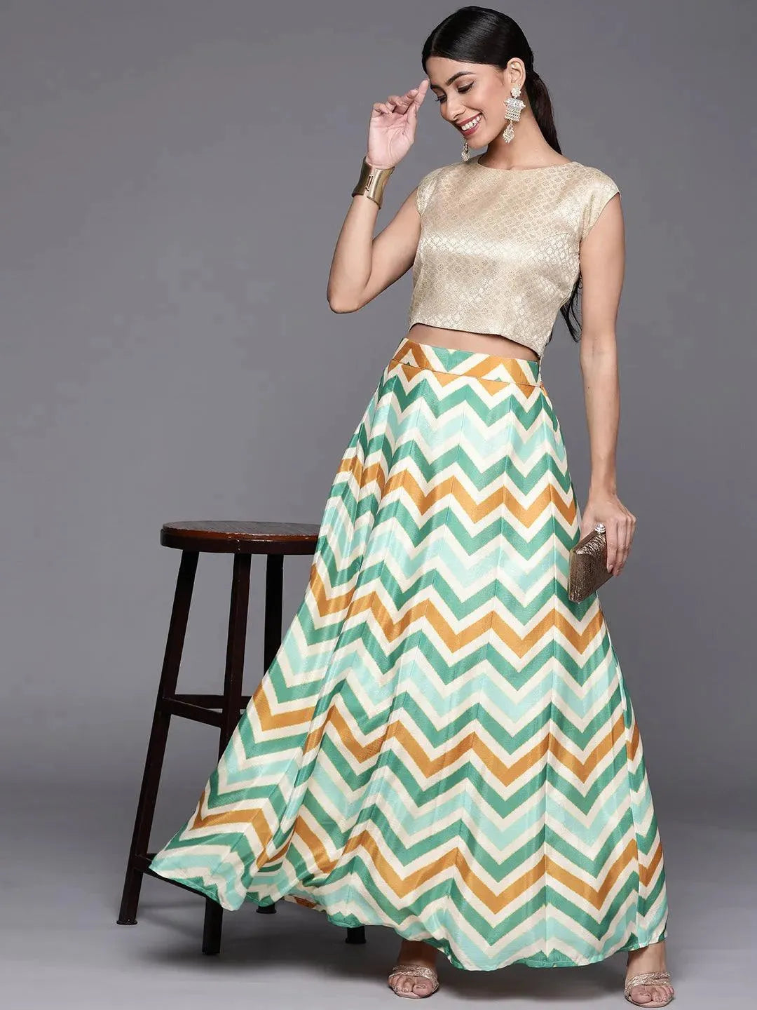 Green Printed Silk Skirt - Libas