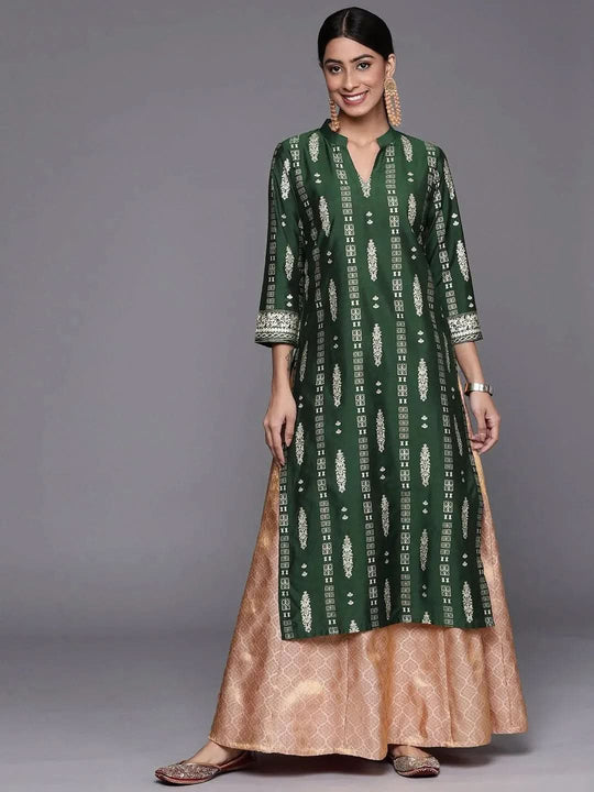 Women Green & Grey Printed Straight Kurta main image 0