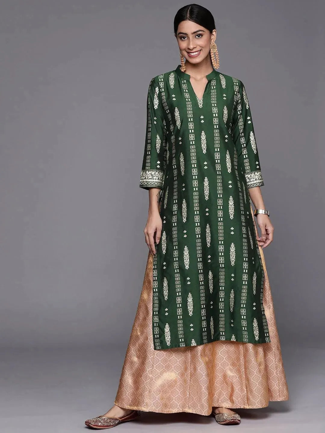 Green Printed Silk Straight Kurta - Libas