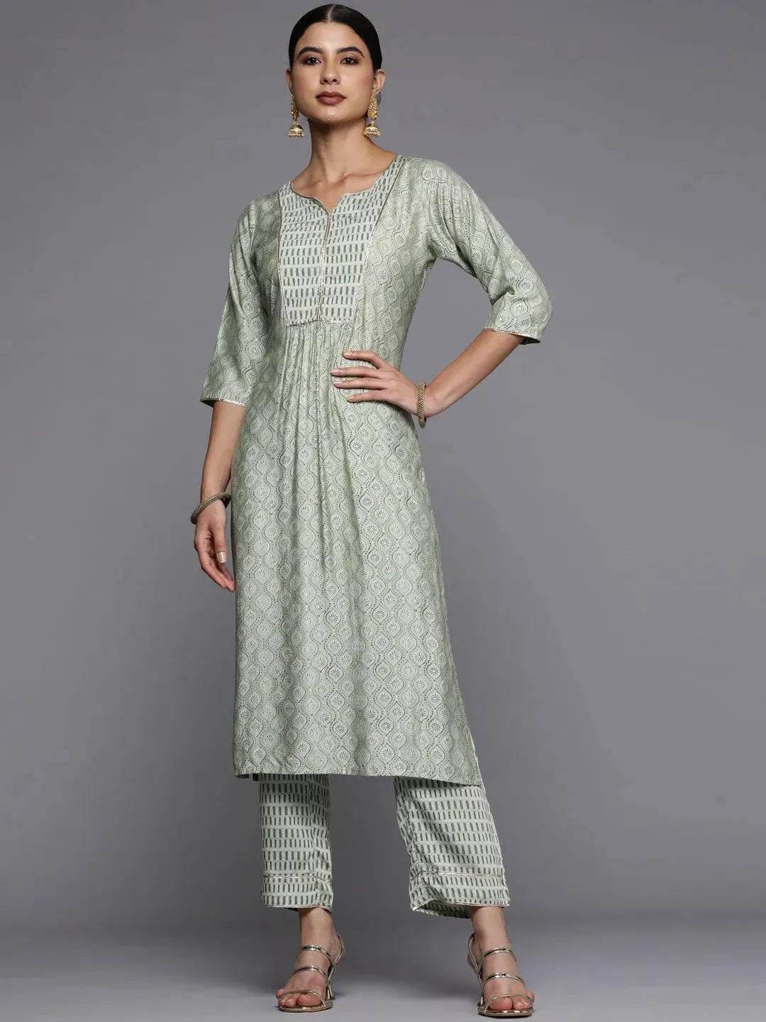 Green Printed Silk Straight Kurta - Libas