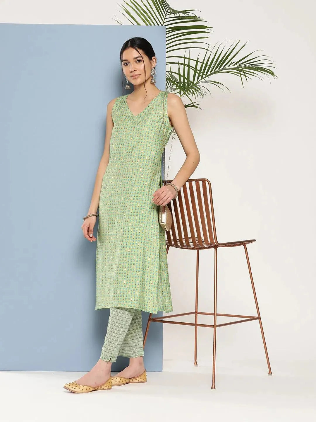 Green Printed Silk Straight Kurta - Libas