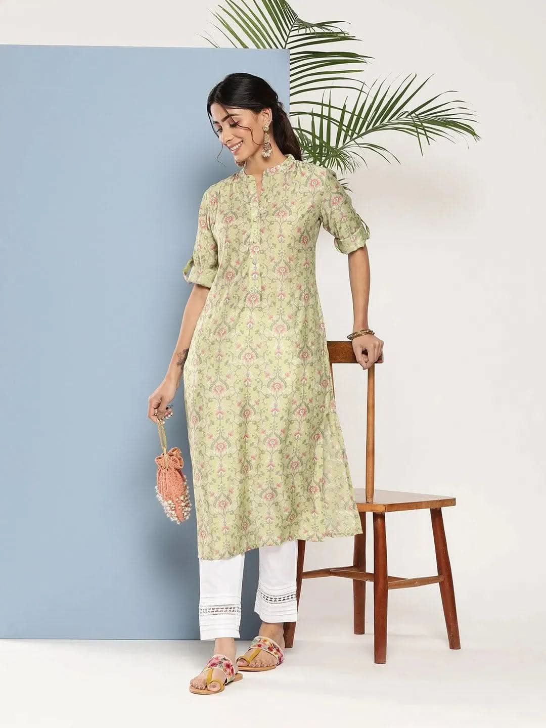 

Green Printed Silk Straight Kurta