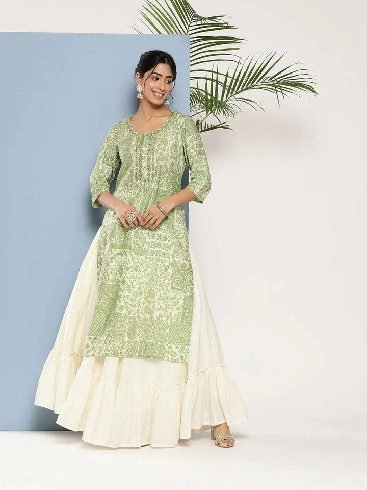 Green Printed Silk Straight Kurta - Libas