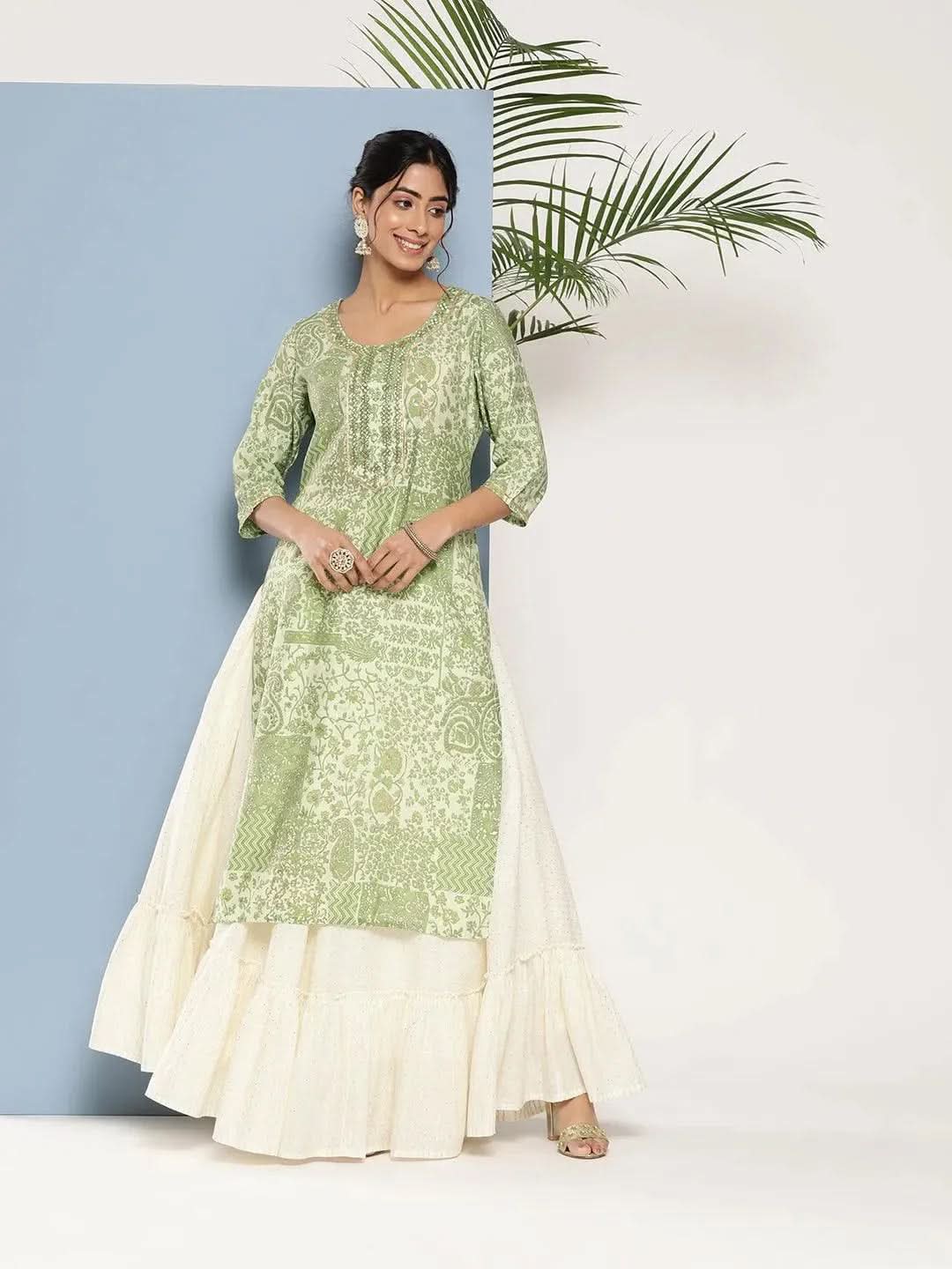 

Green Printed Silk Straight Kurta