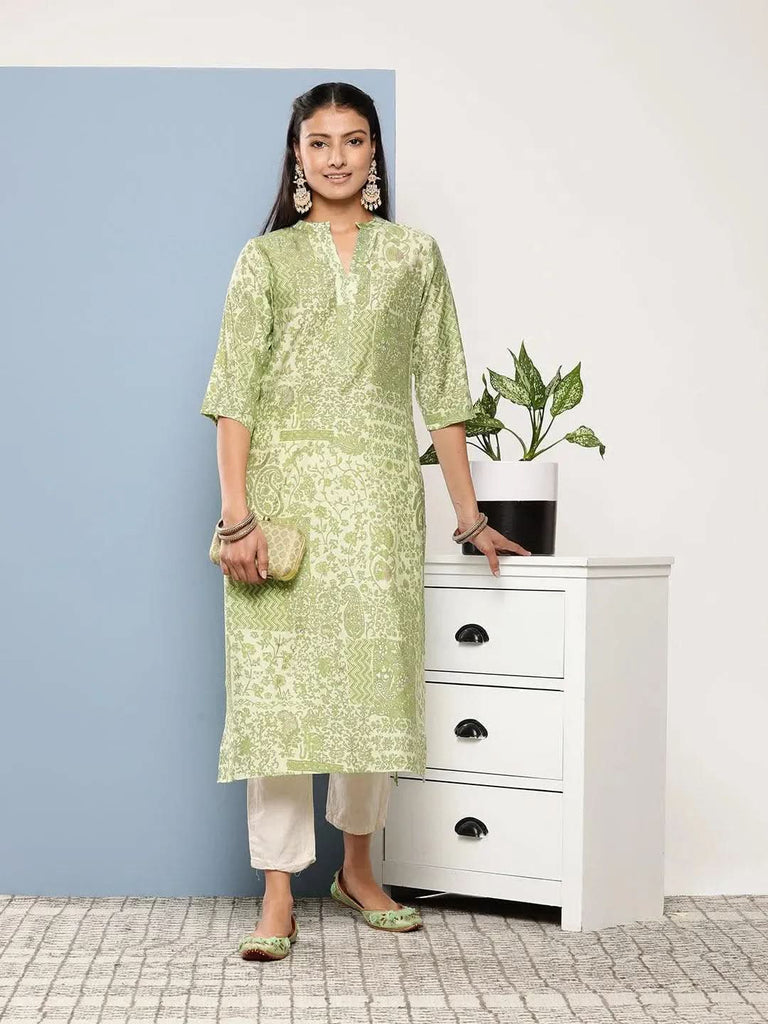 Libas Green Printed Silk Straight Kurta