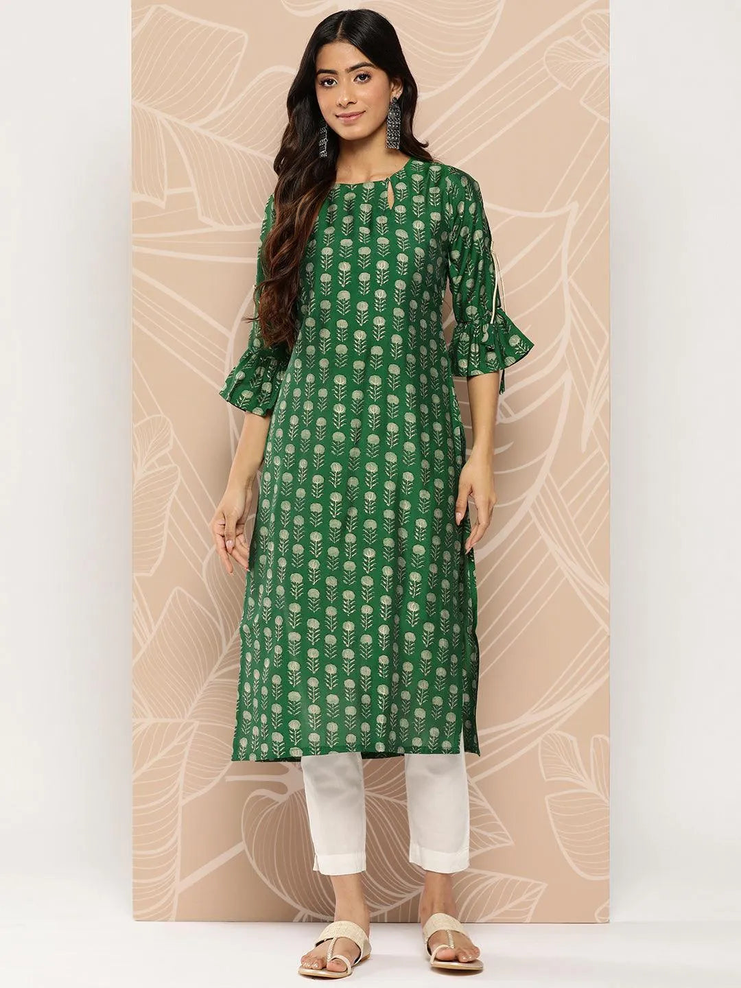 

Green Printed Silk Straight Kurta