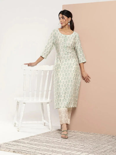 Green Printed Silk Straight Kurta - Libas