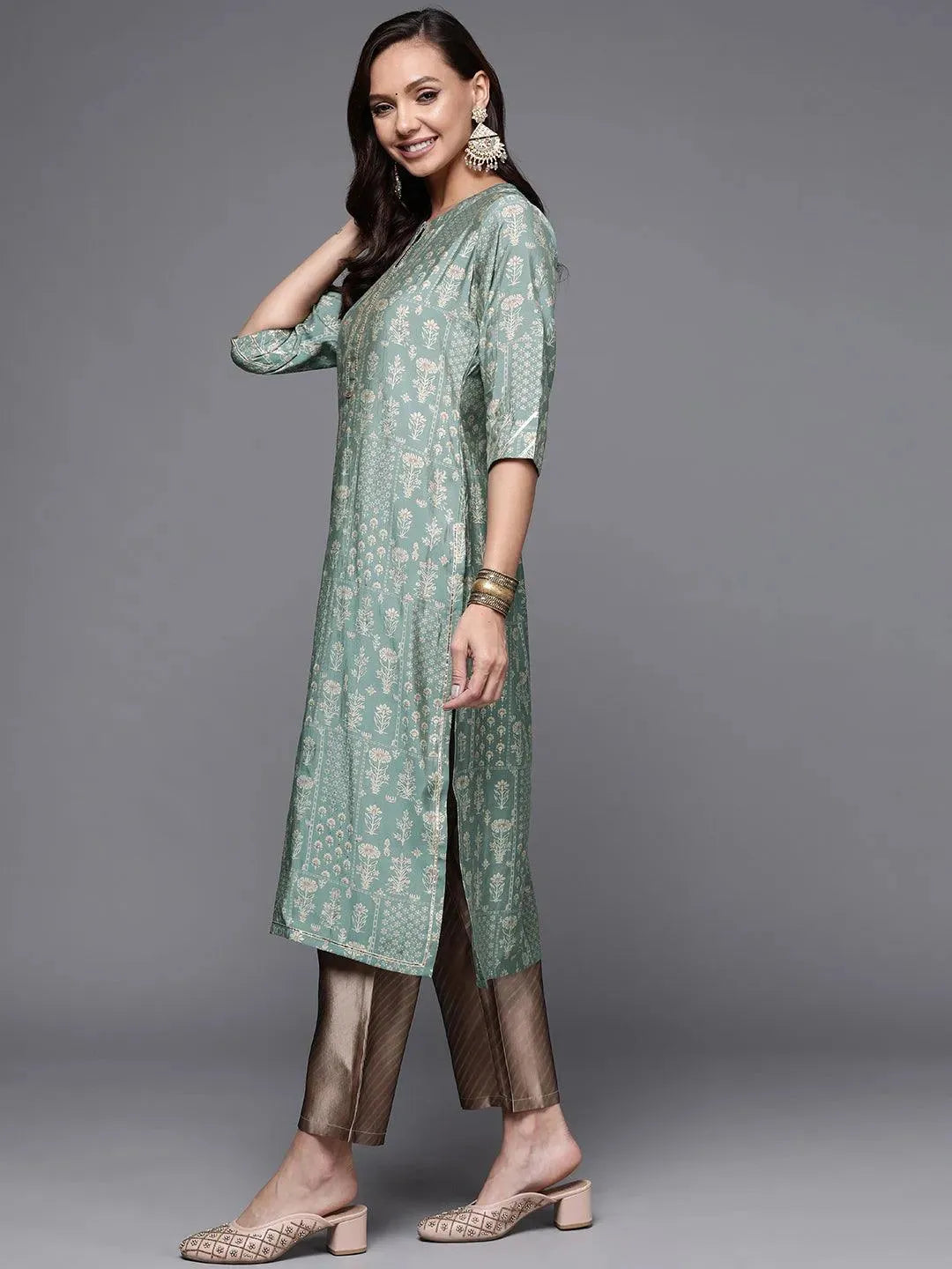 Green Printed Silk Straight Kurta - Libas 