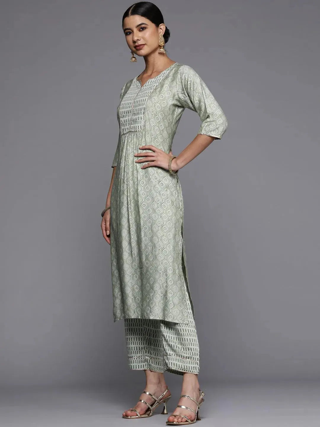 Green Printed Silk Straight Kurta - Libas 