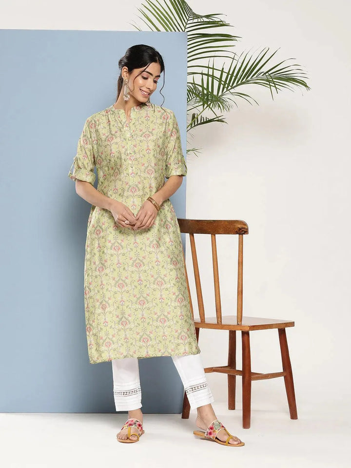 Green Printed Silk Straight Kurta - Libas